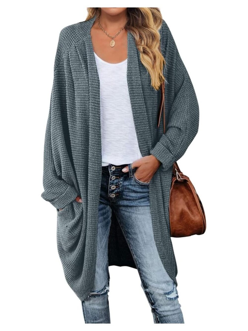 Oversized Waffle Knit Cardigan Dolman Sleeve Slouchy Cocoon Sweater